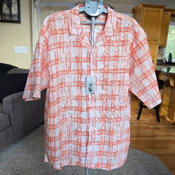 NWT Stacy Adams Mens 3XL linen blend button down orange/white collared shirt - Picture 1 of 3